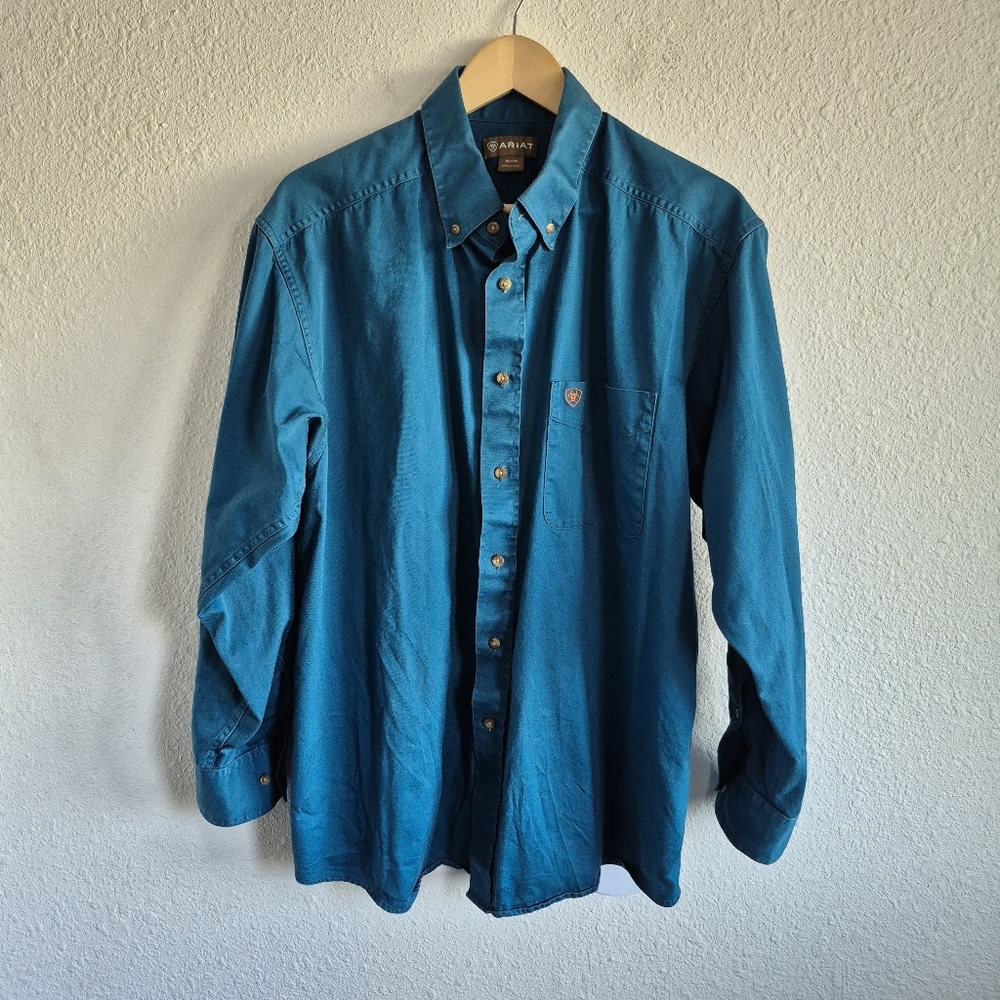 Ariat Solid Teal Turquoise Button Down Shirt Mens… - image 2